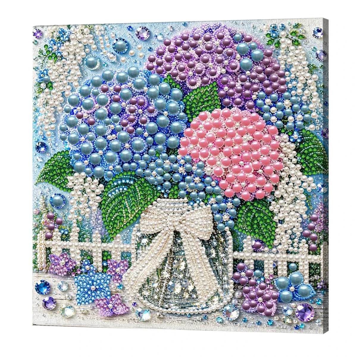 A vibrant painting featuring a bouquet of pink and purple flowers made from various colored pearls and beads on a wooden fram