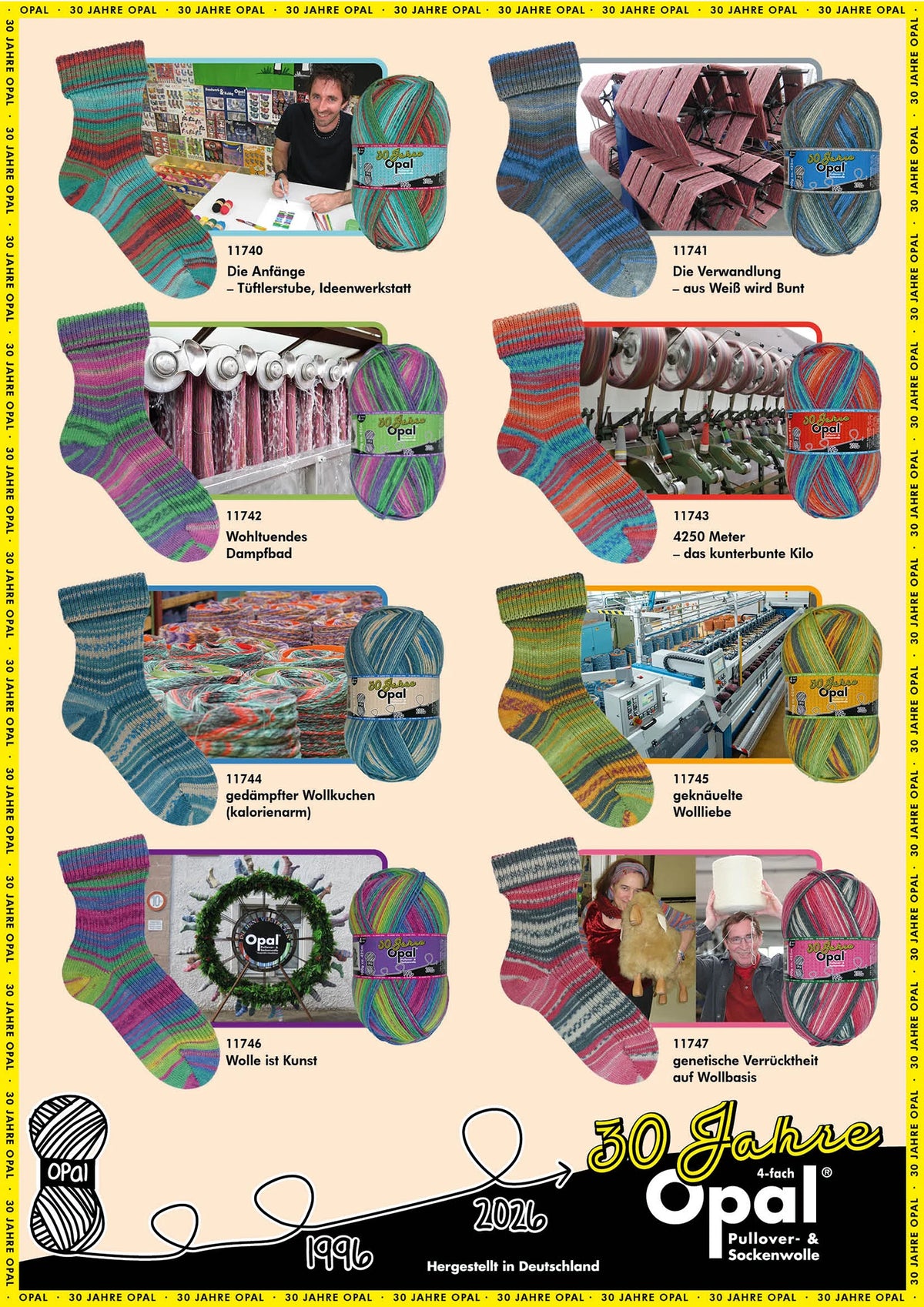 A collection of Opal 4-ply sock yarn balls and knitted socks in various colors and patterns.
