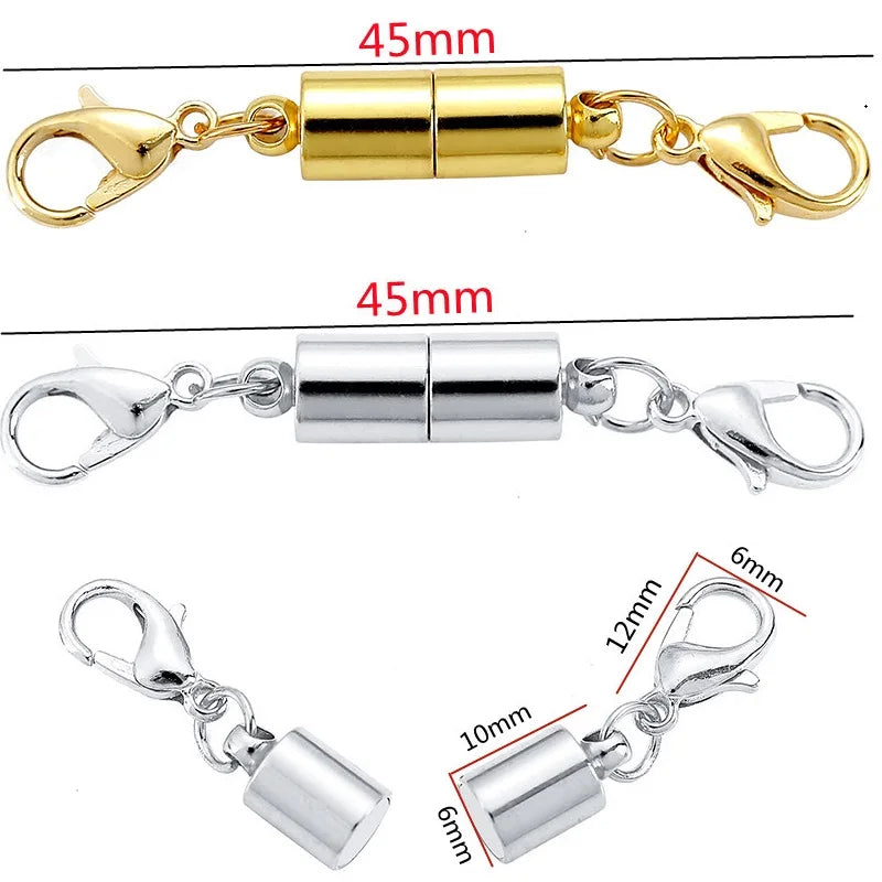 A set of five magnetic lobster claw clasps for jewelry making in silver-toned metal.