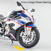 Front linkage wheel steering of a white and blue sport motorcycle model