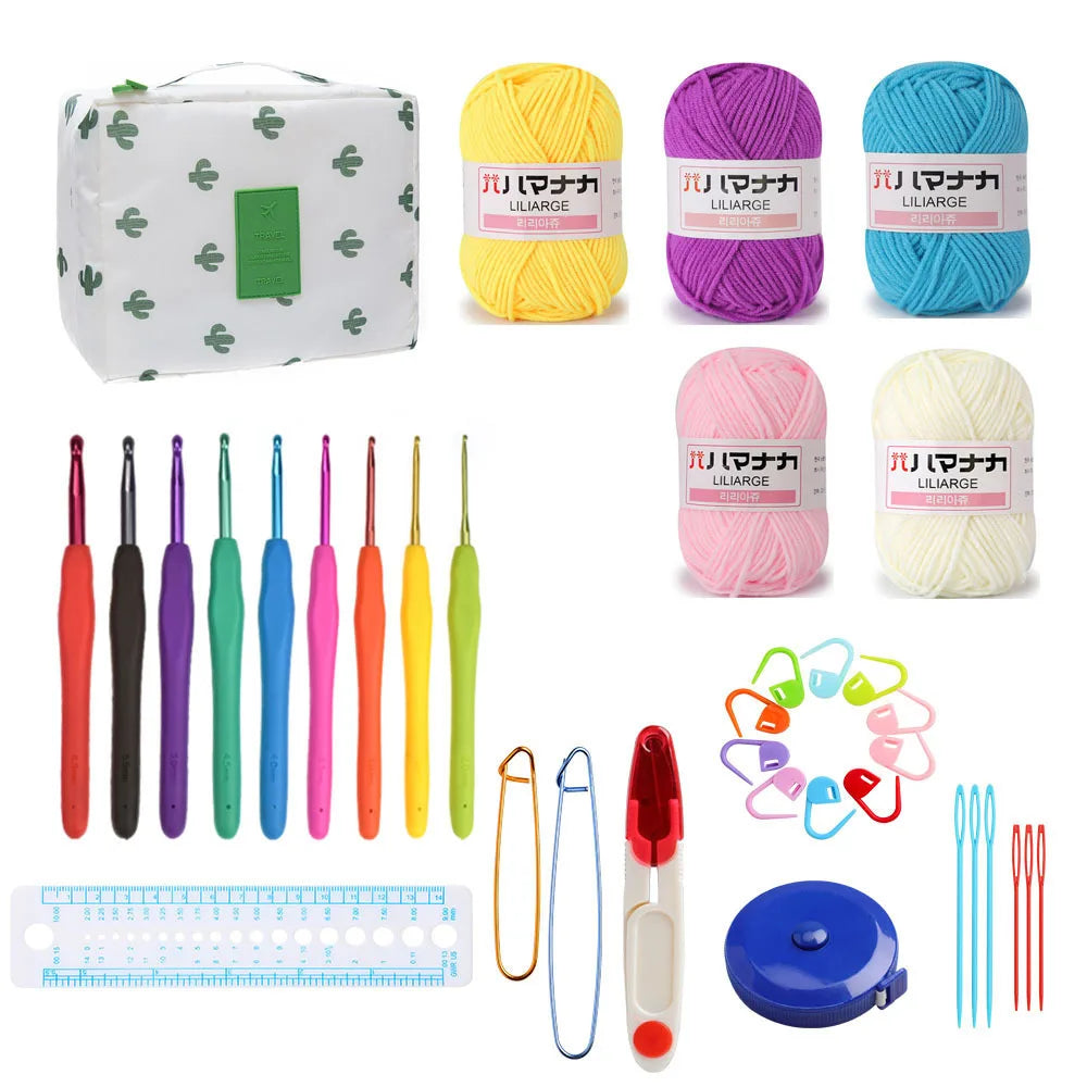A collection of crochet tools including yarn, needles, and a measuring tape, packaged in an organizer case.