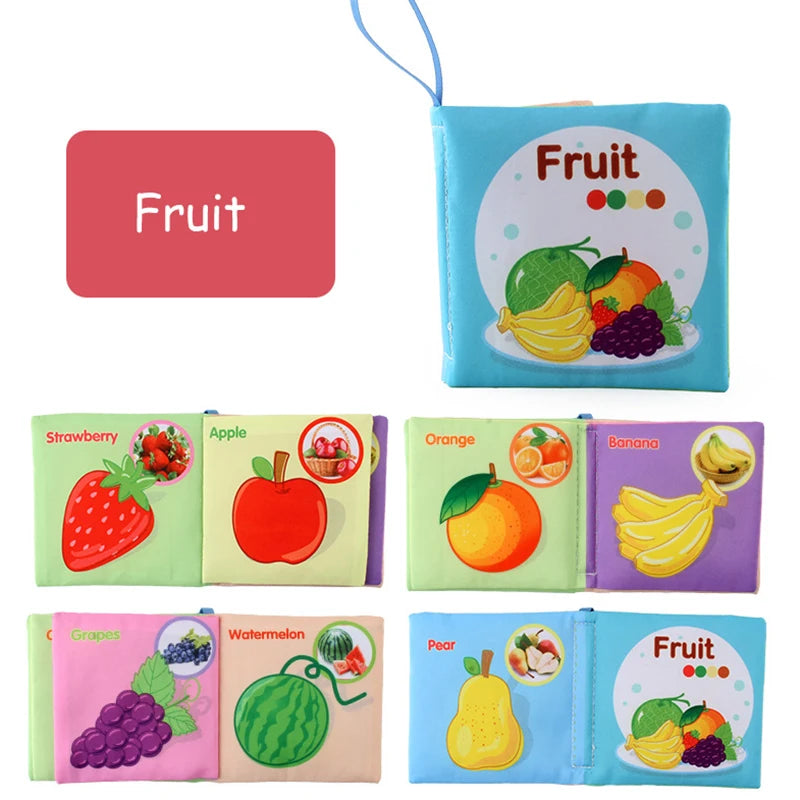 A set of soft cloth books featuring various fruits like strawberry, apple, orange, banana, grapes, watermelon, and pear for b