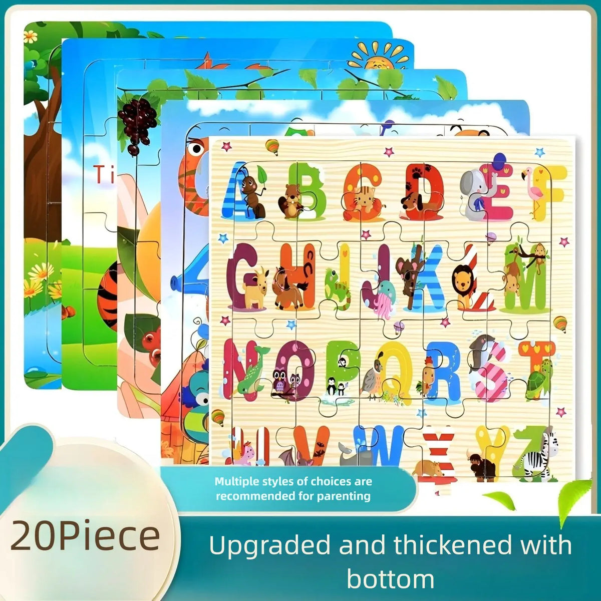 A colorful 20-piece wooden puzzle set featuring letters A to Z and animals/vehicles for children's learning.