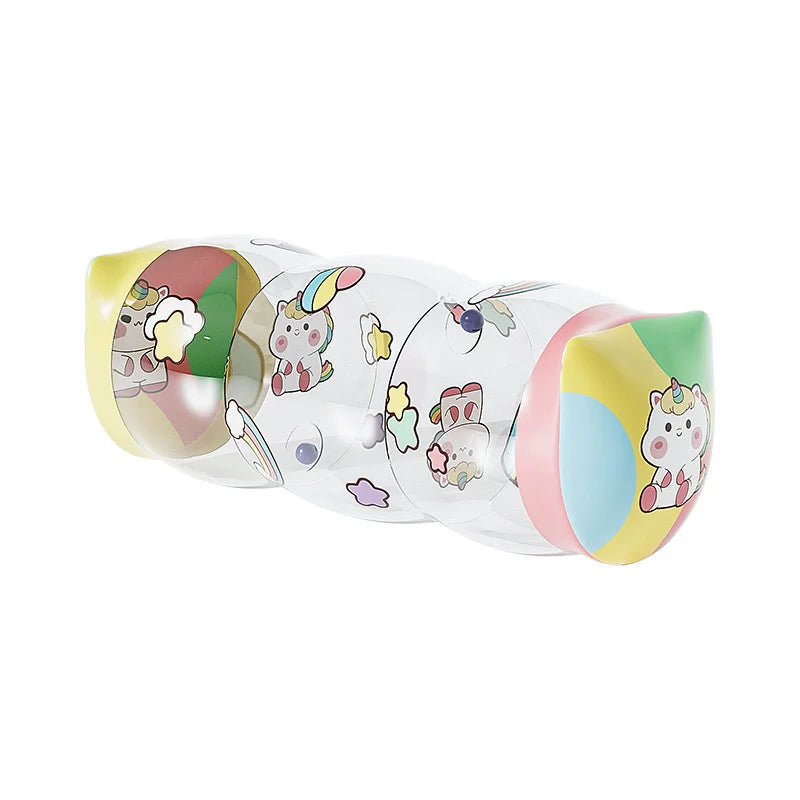 A colorful Montessori baby crawling roller toy featuring various animal figures and bright pastel colors.