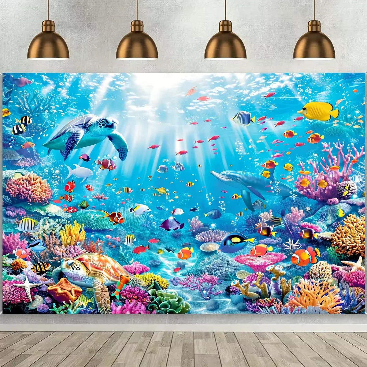 A vibrant underwater scene featuring colorful tropical fish and coral, suitable for a mermaid party backdrop.