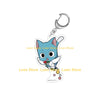 Chibi acrylic keychain of a blue cat with white paws and a green flower.