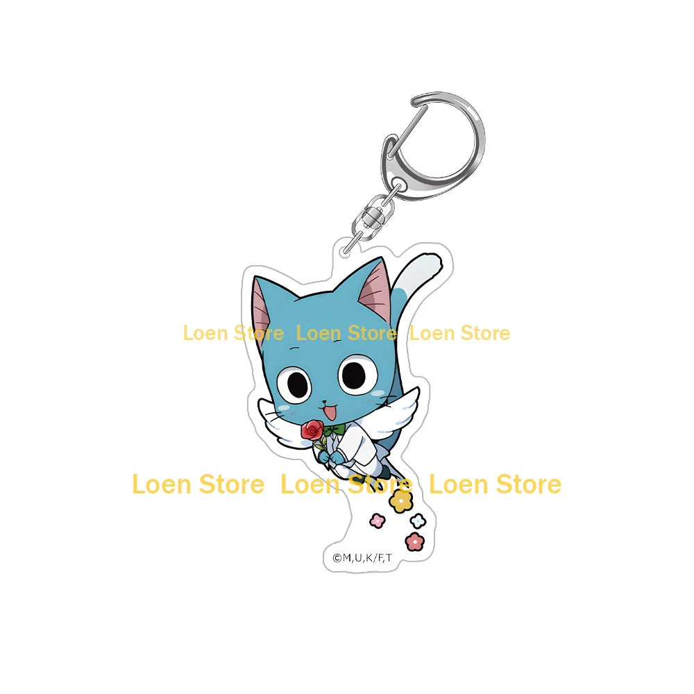 Chibi acrylic keychain of a blue cat with white paws and a green flower.
