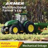A green multifunction farmer's car tractor with a trailer and lights on a grassy field.