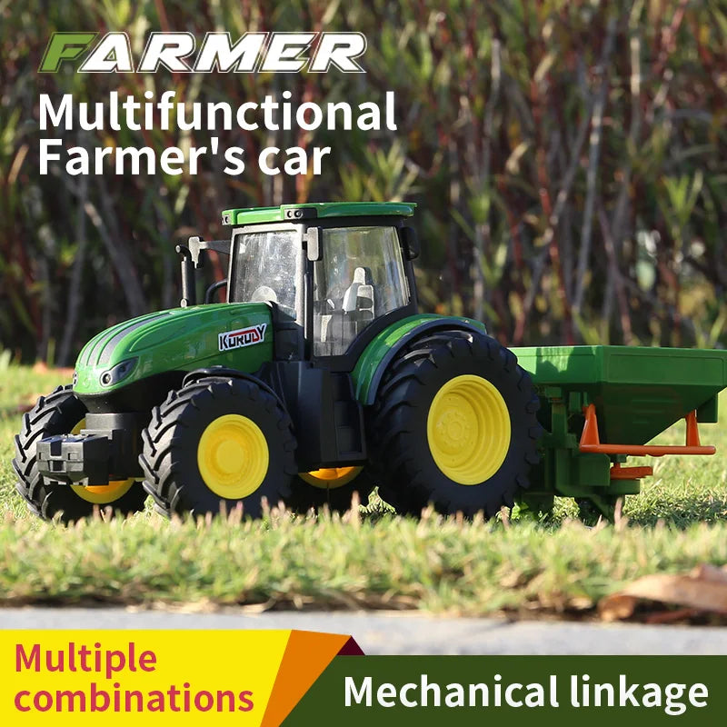 A green multifunction farmer's car tractor with a trailer and lights on a grassy field.