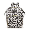 A black and white leopard print waterproof diaper bag with a backpack design.