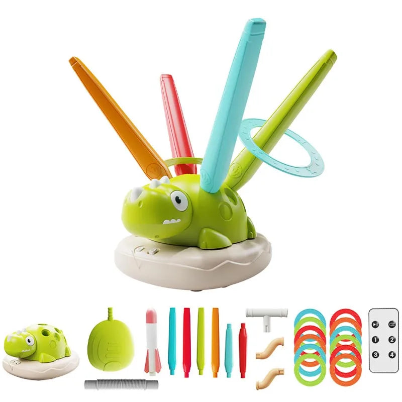 A green dinosaur sport training set with three colored sticks and a base.