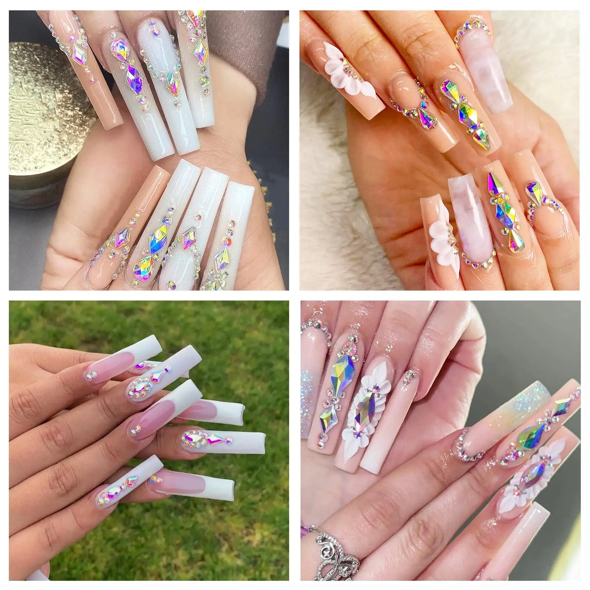 Close-up photos showcasing various nail art designs using a rhinestone kit with glass gems and tools on manicured hands.