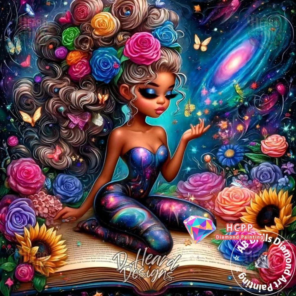 A vibrant diamond painting featuring a woman with elaborate curly hair surrounded by colorful flowers and sparkling gems.