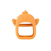 An orange silicone teether shaped like a baby's head with ears and a wide opening.