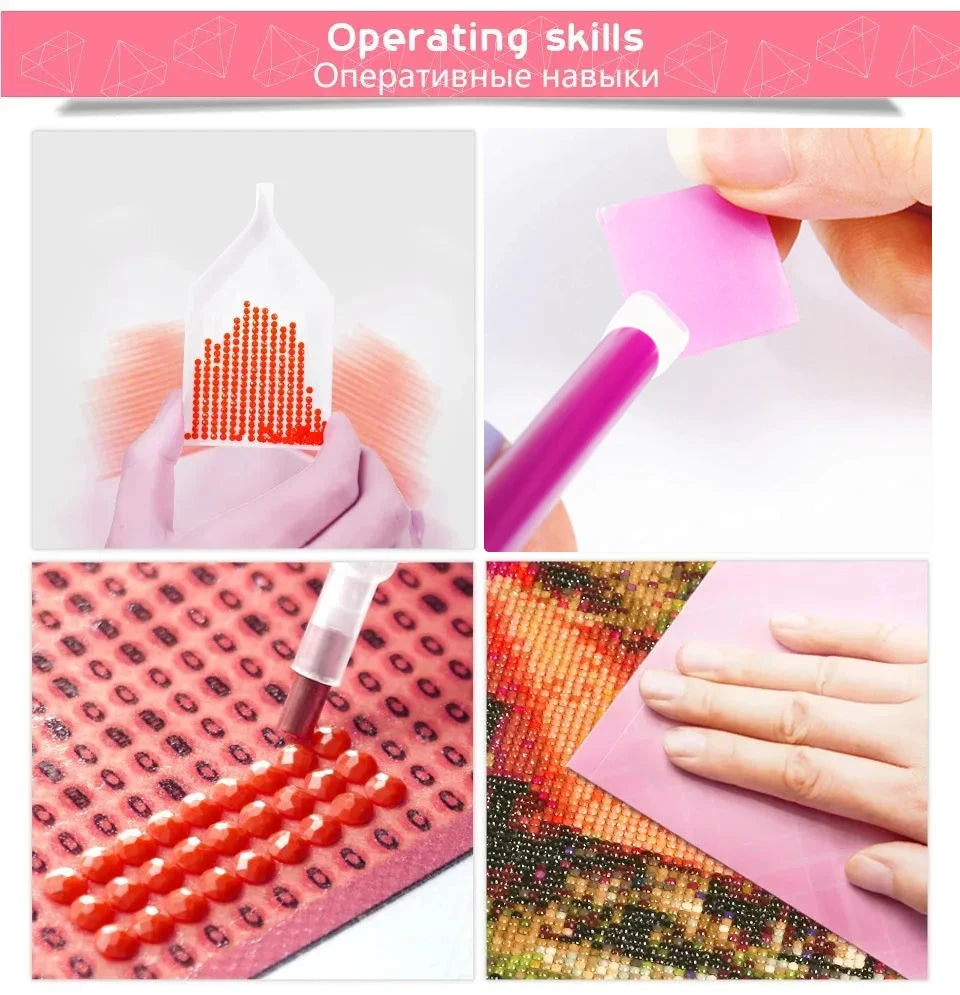 A close-up of a diamond painting kit showing red and pink colored beads arranged in a landscape design on a pink background.
