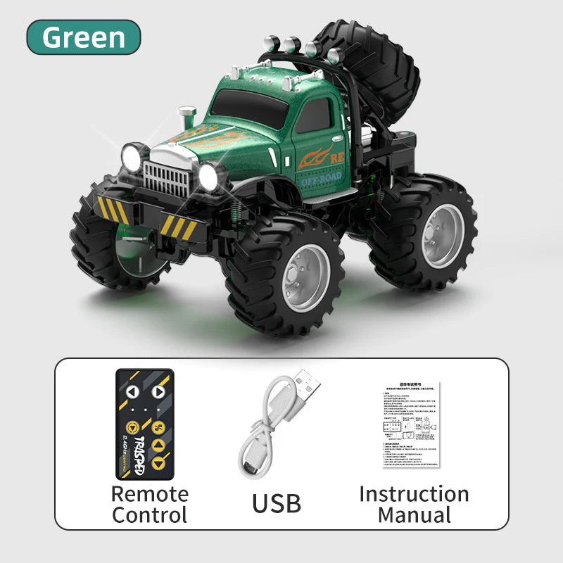 A green RC off-road truck with black tires and a silver chassis is shown next to its remote control and instruction manual.