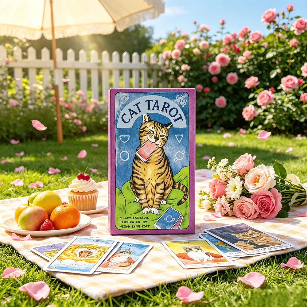 A purple box of Cat Tarot cards rests on a checkered cloth in a sunny garden setting with flowers and greenery.