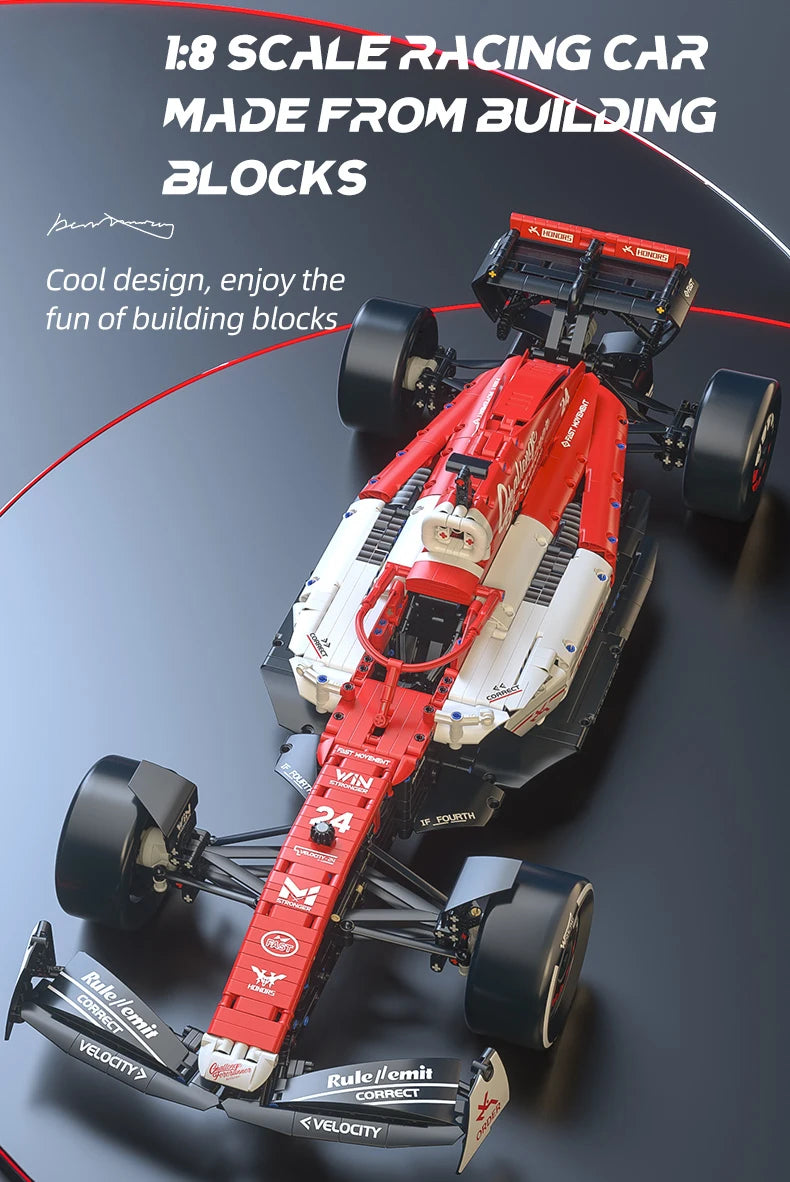 A red and white 1:8 scale racing car model made from building blocks, shown in a dynamic angle.