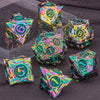 A set of ten iridescent, faceted metal dice in various colors and shapes for tabletop role-playing games