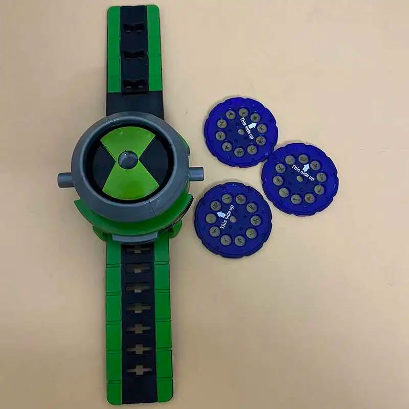 A green and black Ben 10 Omnitrix Projector Watch toy with multiple blue buttons.