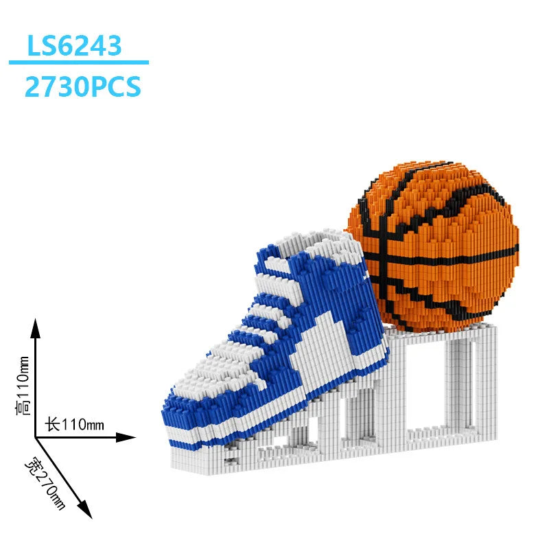 A set of 2730 plastic building blocks shaped like a basketball and a shoe, used for desk display.