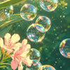 Close-up of iridescent soap bubbles floating among pink and green floral leaves.