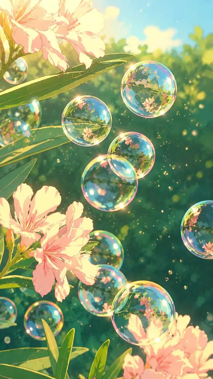 Close-up of iridescent soap bubbles floating among pink and green floral leaves.
