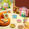 A collection of colorful bubble painting art pieces made from foam paper and markers displayed on a light background.