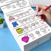 A hand is writing on a money counting activity workbook showing coin recognition and basic math problems.