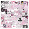 A collection of retro Japanese aesthetic stickers featuring cute characters, patterns, and typography in pink and black tones