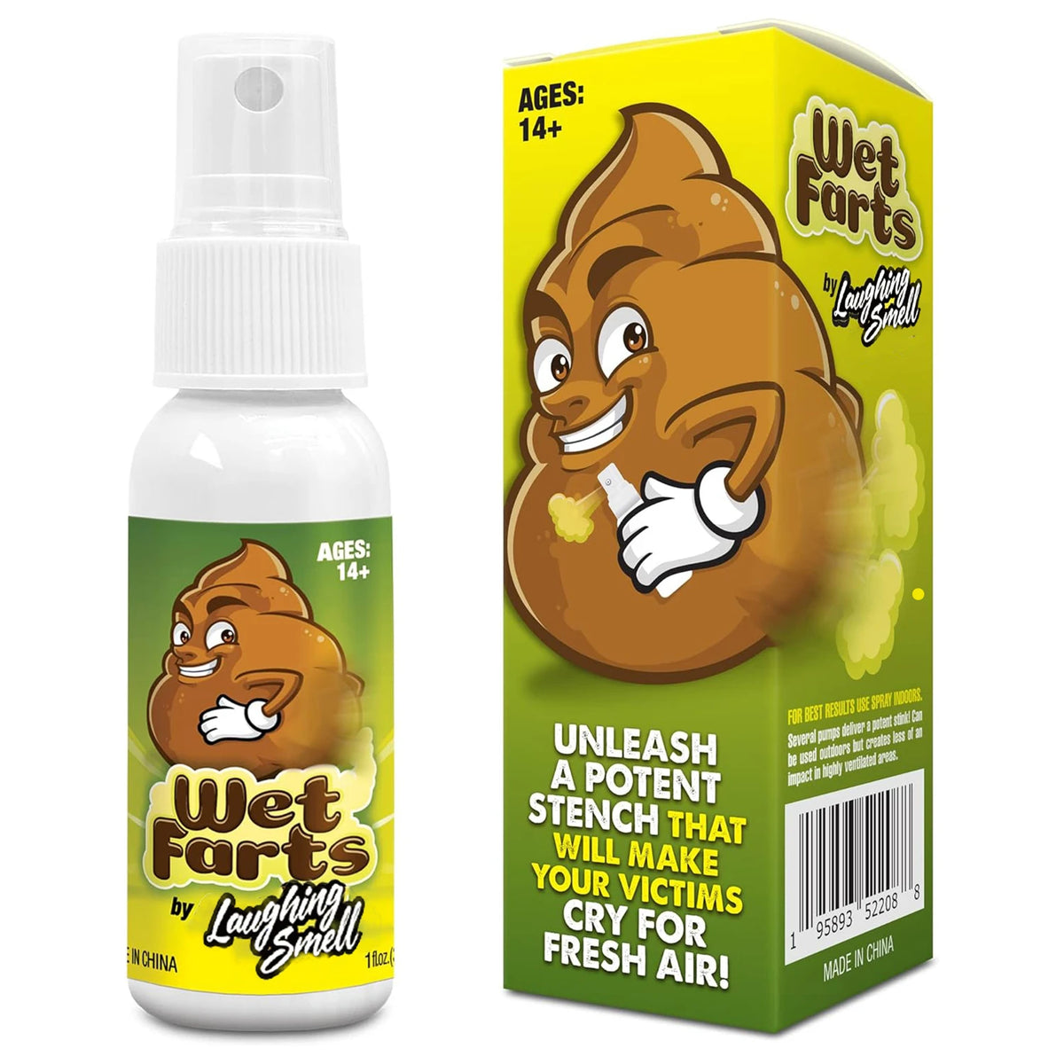 Bouteille de spray Wet Farts avec une étiquette brune en forme organique et une boîte jaune et verte.