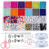 A variety of colored glass seed beads and jewelry making tools including pliers and storage containers.