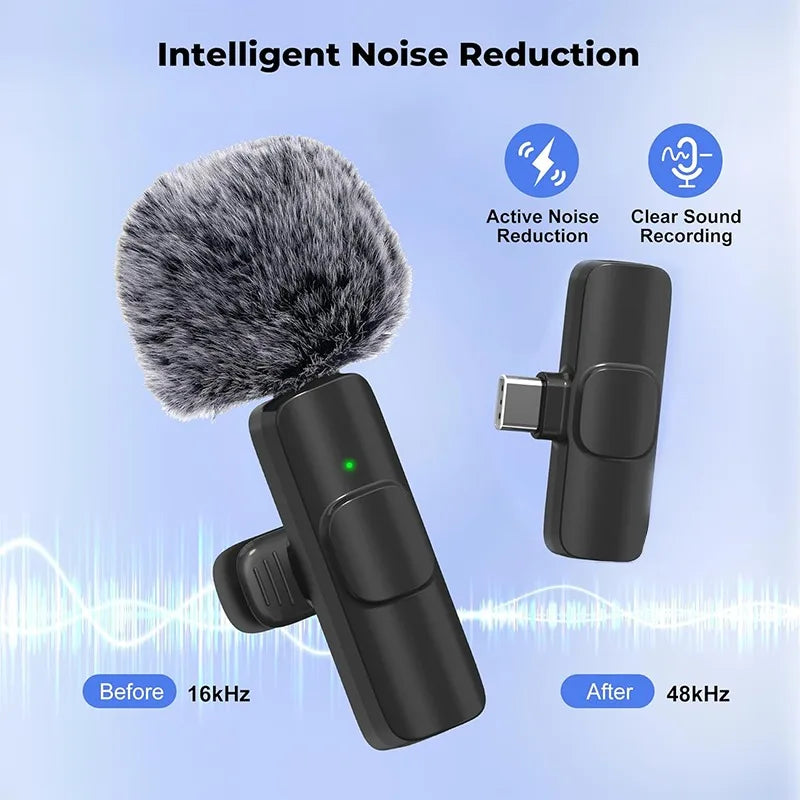 A black wireless lavalier microphone is shown demonstrating intelligent noise reduction, with sound frequency changes indicat