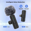A black wireless lavalier microphone is shown demonstrating intelligent noise reduction, with sound frequency changes indicat