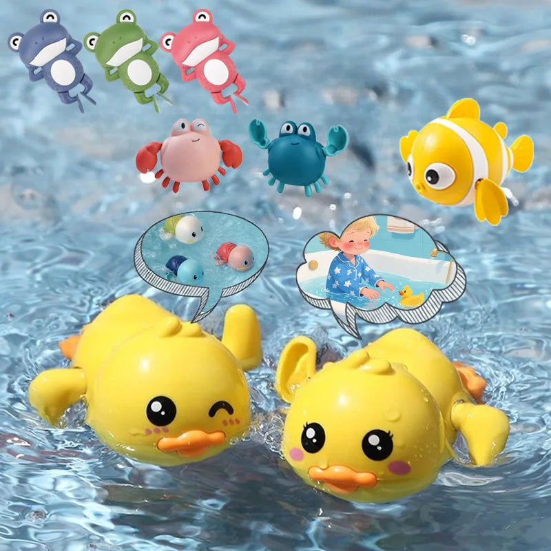 A collection of colorful wind-up swimming duck bath toys for toddlers floating in water.