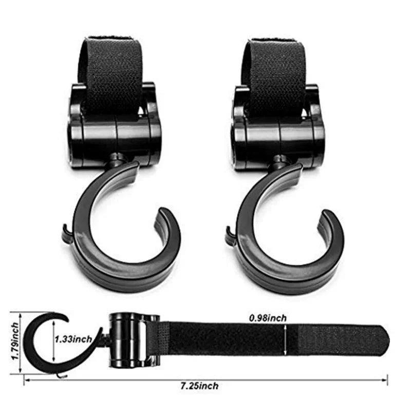 Black universal multi-purpose stroller hooks for shopping and baby bags shown with a strap.