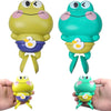 Two molded plastic swimming frog toys in yellow and teal colors shown from the front.