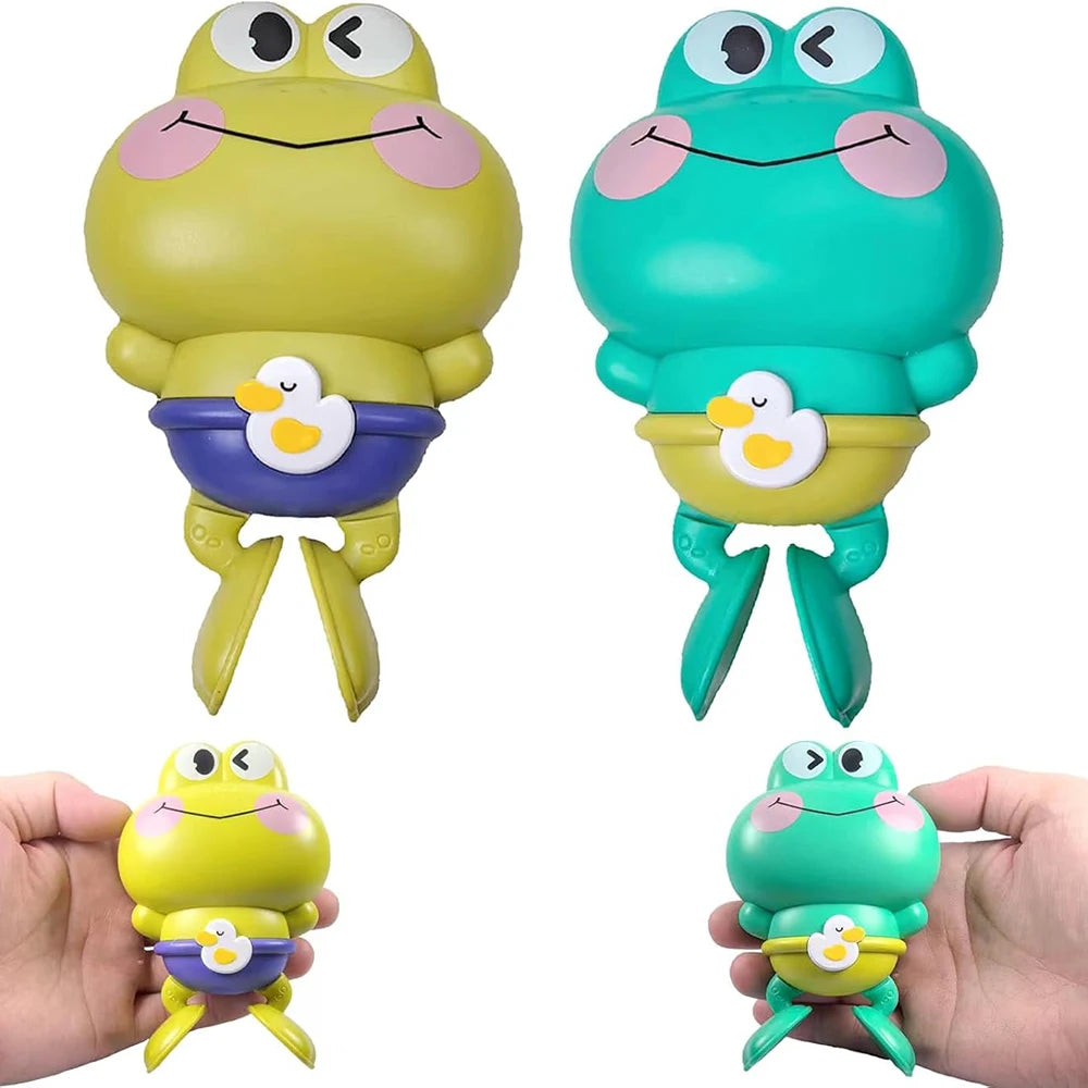 Two molded plastic swimming frog toys in yellow and teal colors shown from the front.