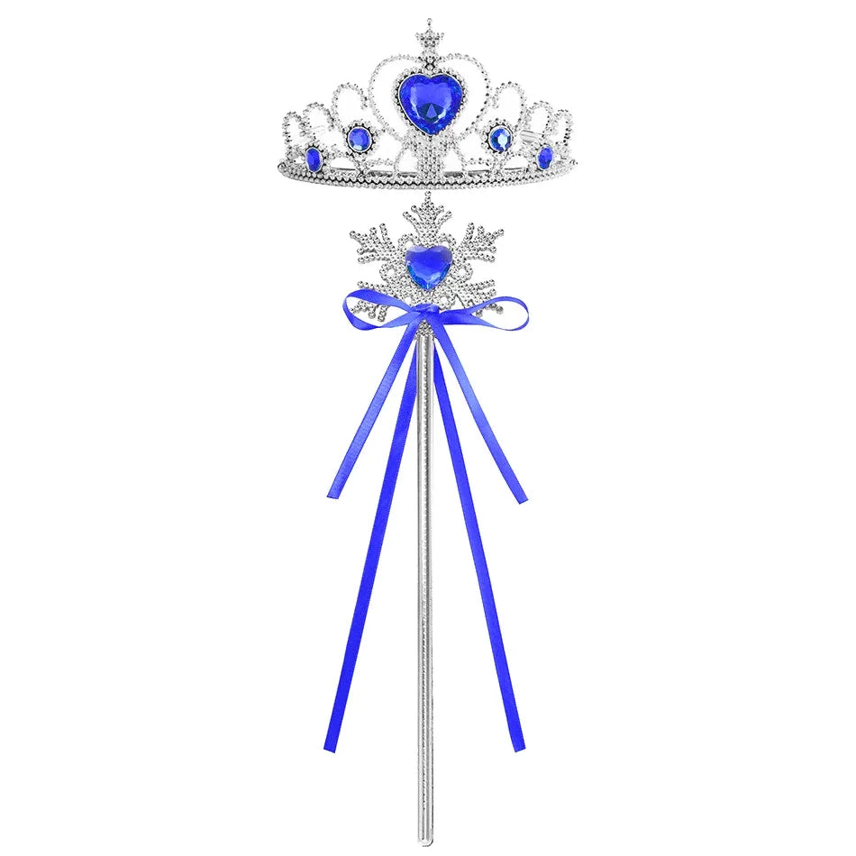 Silver and blue crown with a blue ribbon and stick for a royal princess dress-up playset