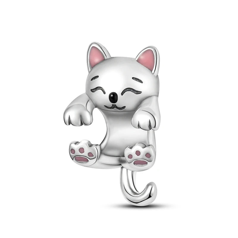 A silver heart charm bead featuring a cute cat design with pink zircon accents.