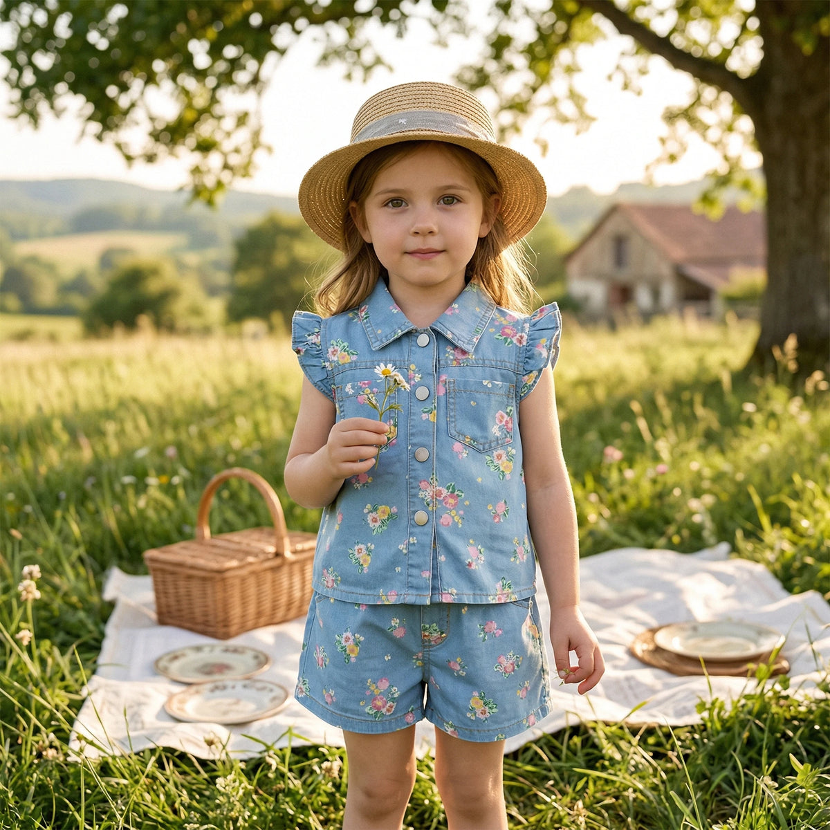 A young girl wearing a blue floral print sleeveless shirt and shorts set outdoors in a grassy field.