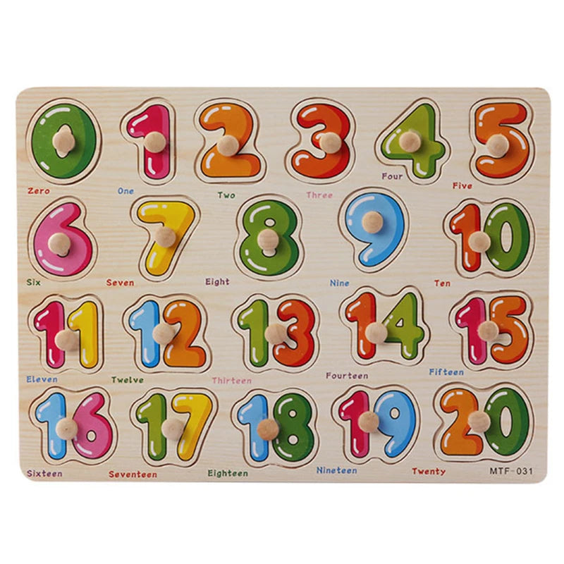 A wooden puzzle set featuring numbers zero through twenty, designed for toddlers to practice matching and learning.