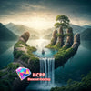 A scenic landscape featuring mossy rocks, lush greenery, and a waterfall, suitable for a 5D Diamond Painting kit.