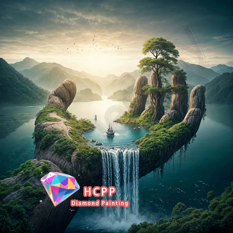 A scenic landscape featuring mossy rocks, lush greenery, and a waterfall, suitable for a 5D Diamond Painting kit.