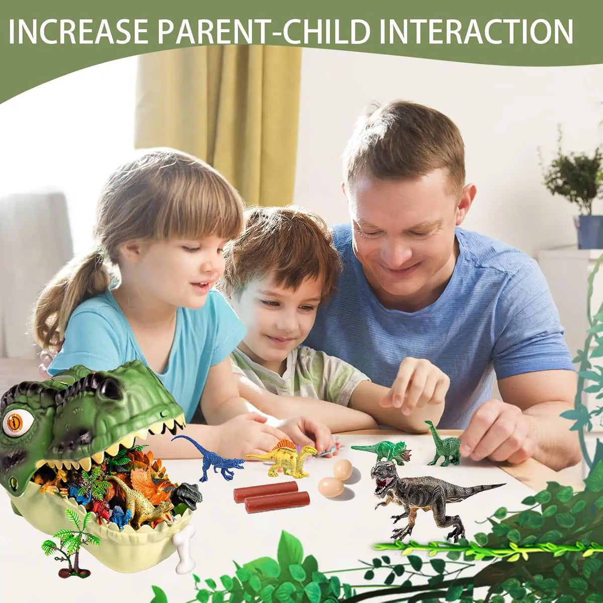 Un père et sa fille jouent avec un set de figurines de dinosaures deluxe de 46 pièces sur une table.