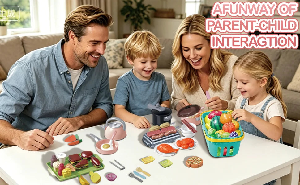 A family is playing with a kids pretend play kitchen set featuring various fruits, vegetables, and cookware.
