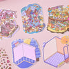 A collection of colorful cartoon mini town diorama stickers featuring houses, characters, and landscapes for scrapbooking.