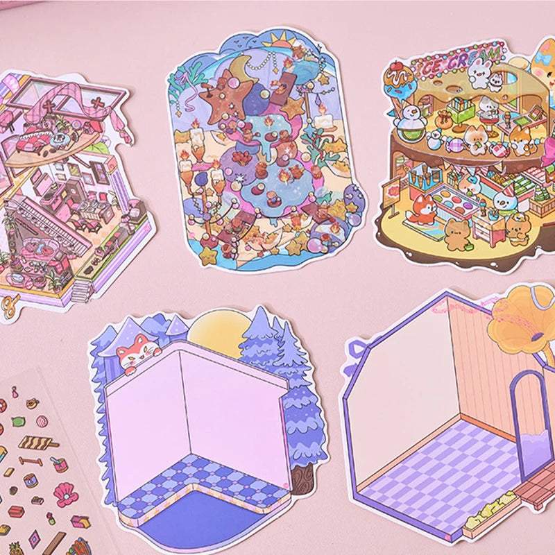 A collection of colorful cartoon mini town diorama stickers featuring houses, characters, and landscapes for scrapbooking.
