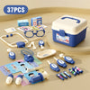 A set of 37 pretend play doctor tools and medical items in various colors arranged around a blue carry case.