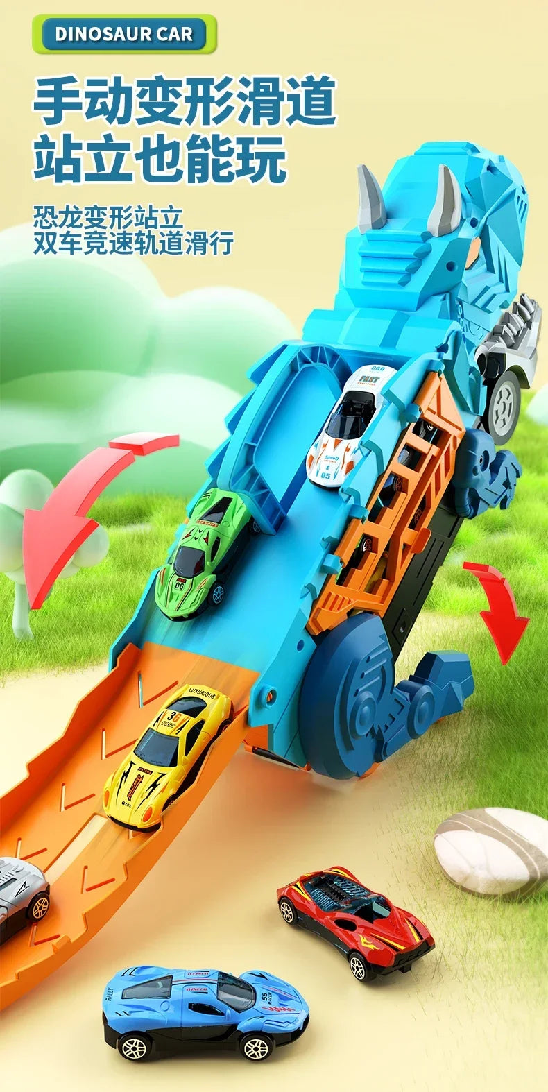 A blue dinosaur transport truck toy set with orange and yellow die-cast cars on a green grassy surface.